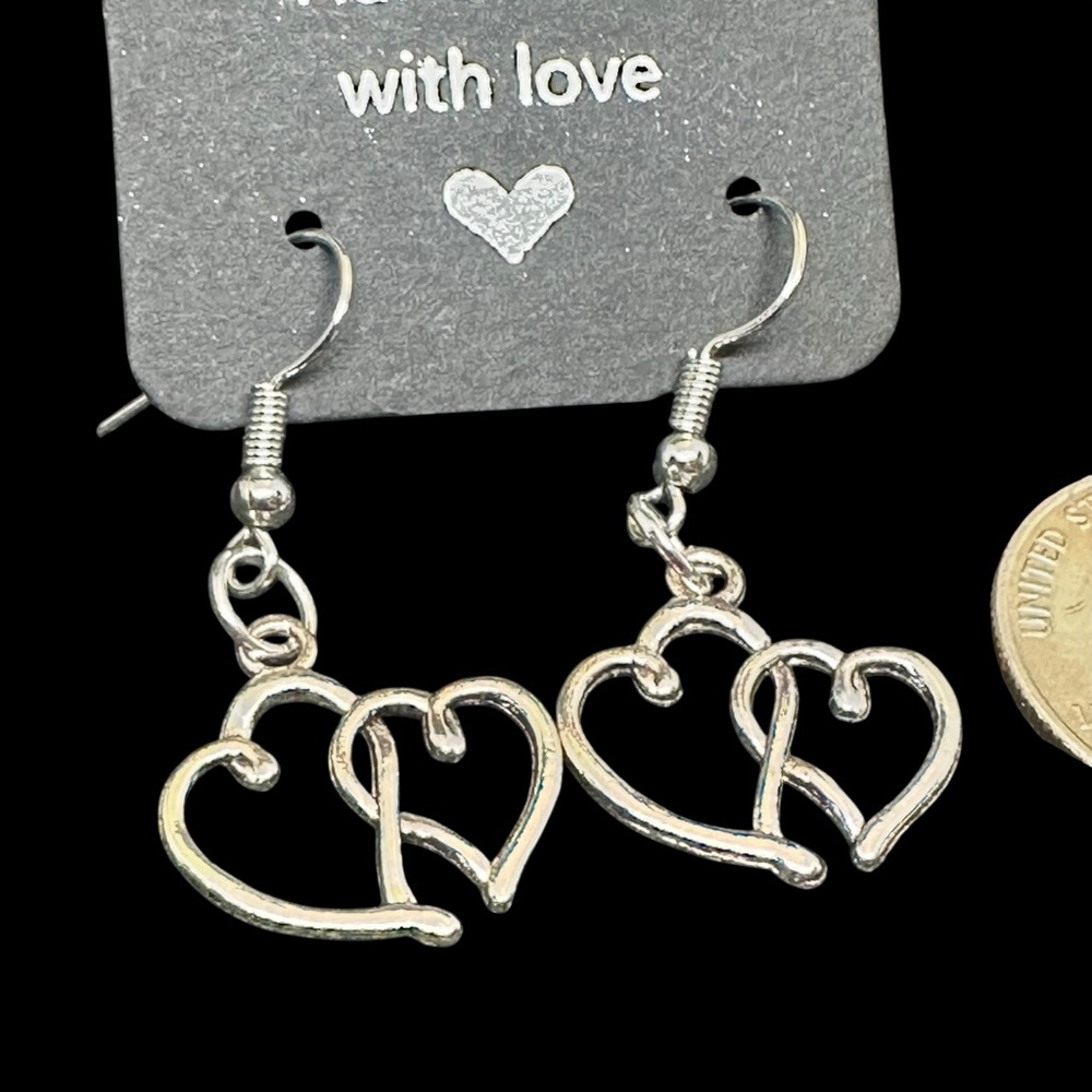 Handmade Earrings Double Entwined Hearts Open Center Pierced Valentines Gift NEW